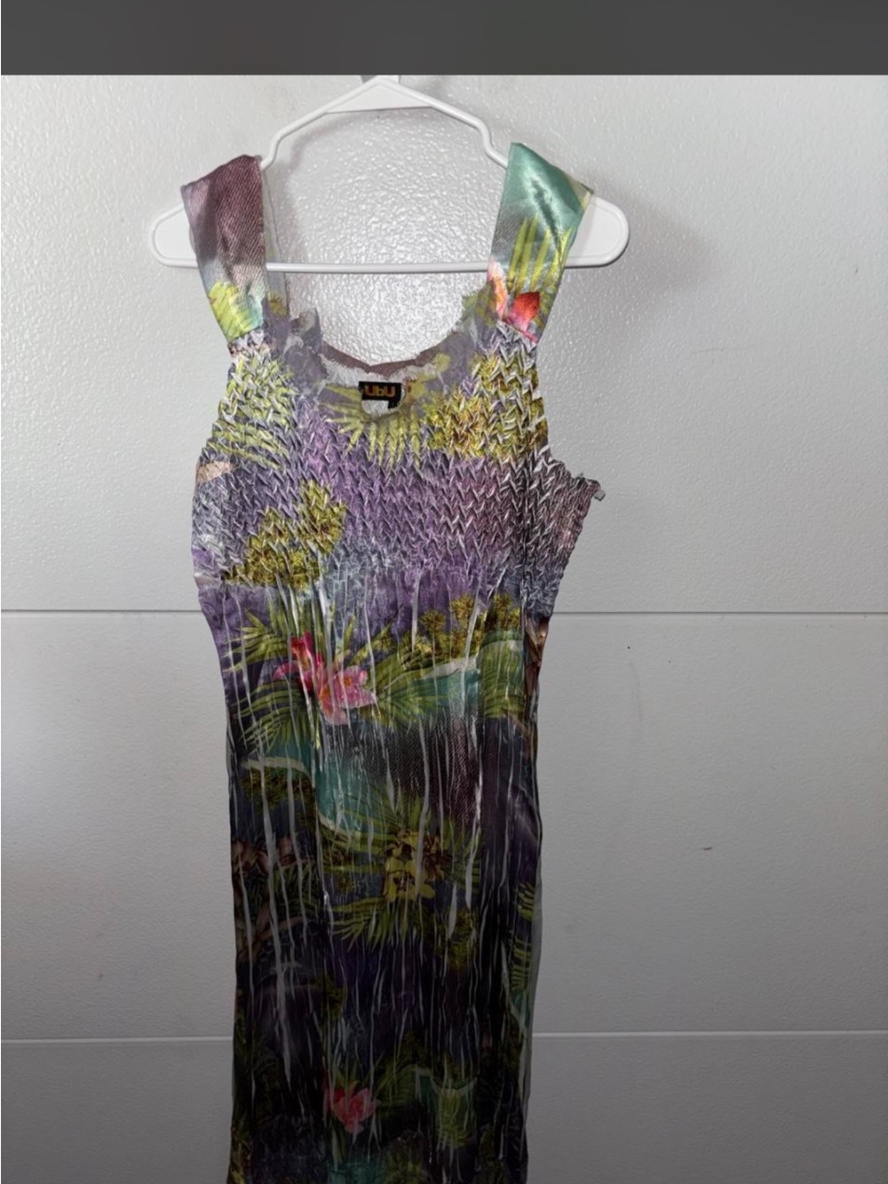 Smocked Tropical Midi Dress in Purple